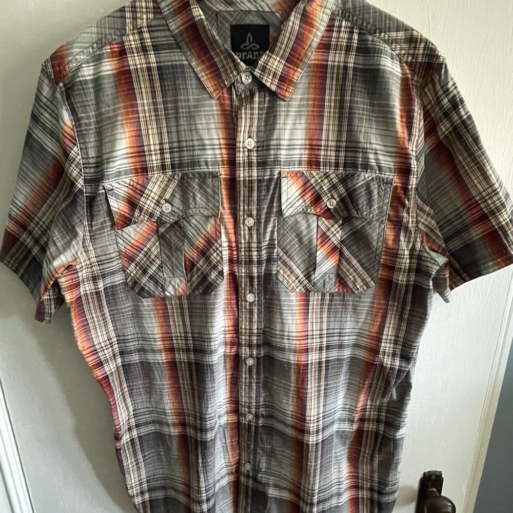 Prana Men's Plaid Short Sleeve Shirt - Gray and Orange